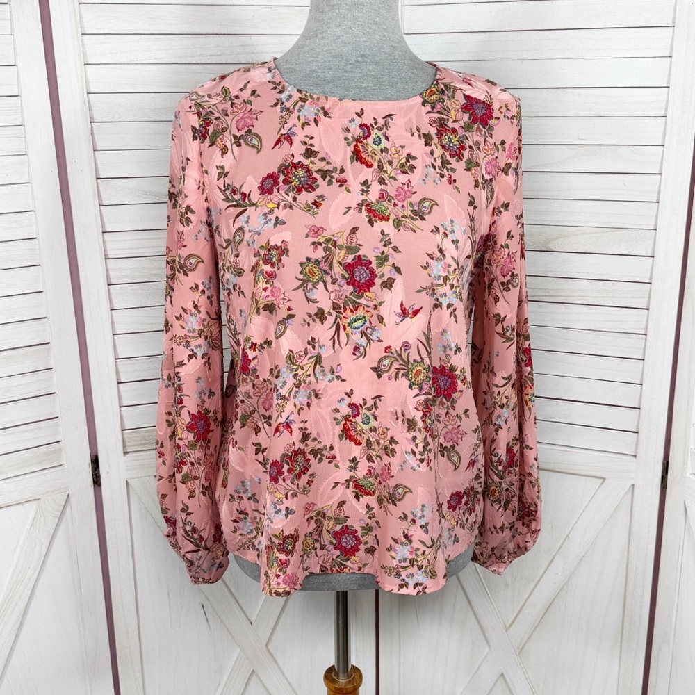 Loft Floral Jacquard‎ Ballon Sleeve Blouse Pink Satin Boho Career Cottagecore S